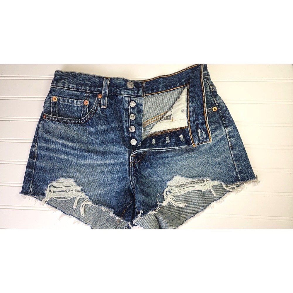 Levi's 501 Original Denim Shorts Womens 26 Blue Distressed Cut Off Button Fly
